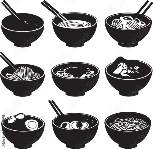 Black and White Vector Illustration of Asian Noodle Soup Bowls with Chopsticks: Ramen, Udon, Pho, and Broth in Minimalist Style