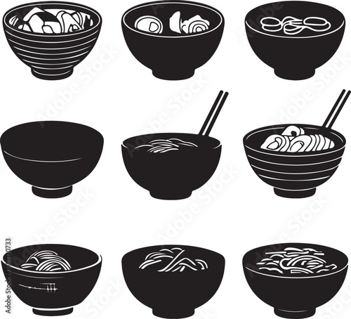 Black and White Vector Illustration of Asian Noodle Soup Bowls: Ramen, Udon, Pho Clipart Set for Restaurant Menus and Food Blog Graphics