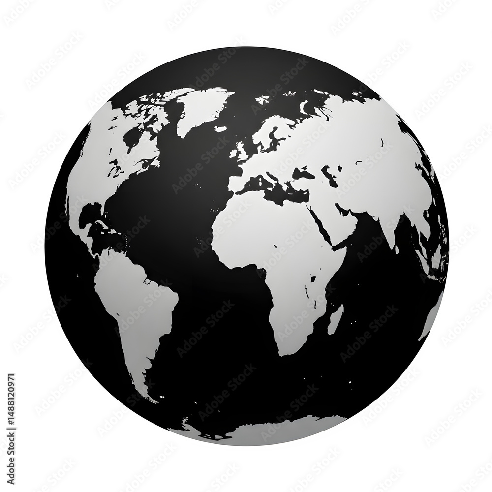 Obraz premium Minimalist black and white globe showing Africa, Europe, and the Americas, symbolizing global unity, geography, and modern design on a dark background. isolated on white or transparent background. PNG
