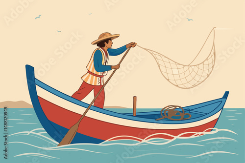 A Filipino fisherman skillfully casts his net from a traditional wooden bangka, the vibrant ocean surrounding him.