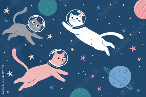 Create a whimsical illustration of several cats floating serenely amidst vibrant nebulae, stars, and planets. One cat prominently featured.