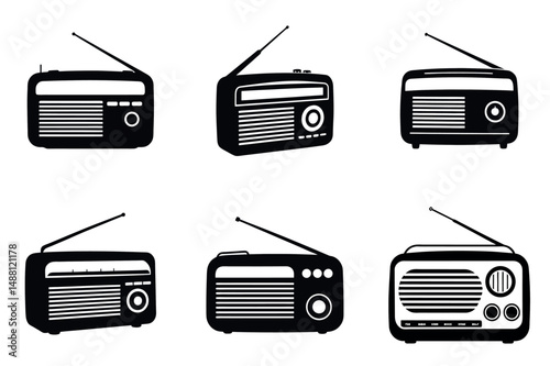Collection of Vintage Radio Silhouettes in Black and White for Design Projects