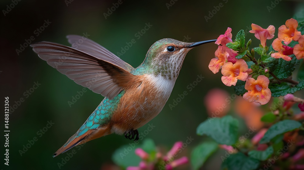 Fototapeta premium Hummingbird sips nectar from vibrant blossoms now