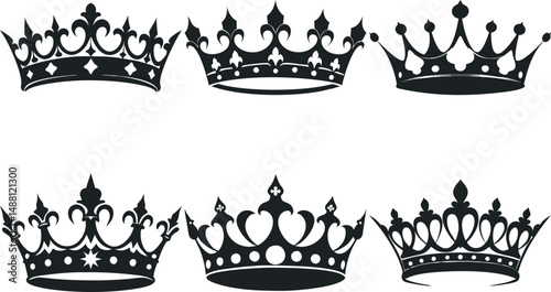 A collection of six intricately designed crowns depicting regality and power