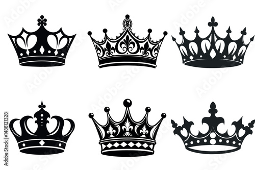 A collection of six black crown designs on a clean white background