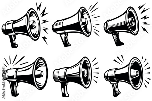 Variety of megaphones and bullhorns in black and white illustration style