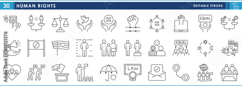 A set of line icons related to Human Rights. Right, banner, equality, equity, religion, war, conference, and so on. Vector editable stroke.
