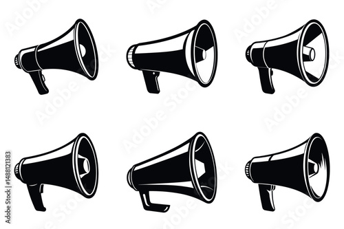 Vector illustration of multiple black and white megaphone images for promotion