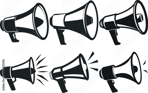 Several vector images of black megaphone or loudhailer on white background