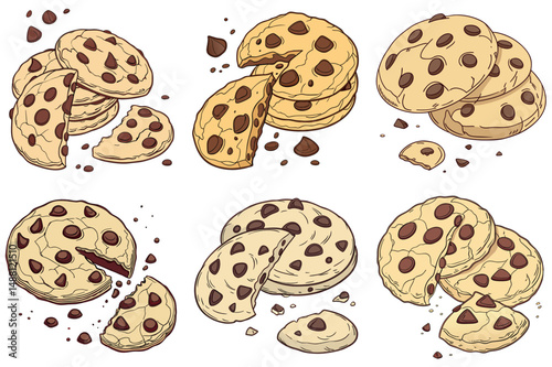 Delicious chocolate chip cookie stacks with missing slices, isolated against a white background
