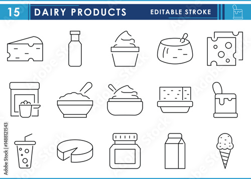 A set of line icons related to Dairy Products. Milk, ice cream, yoghurt, and so on. Vector editable stroke.