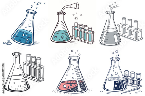 Collection of conical flasks, test tubes and chemistry laboratory equipment art