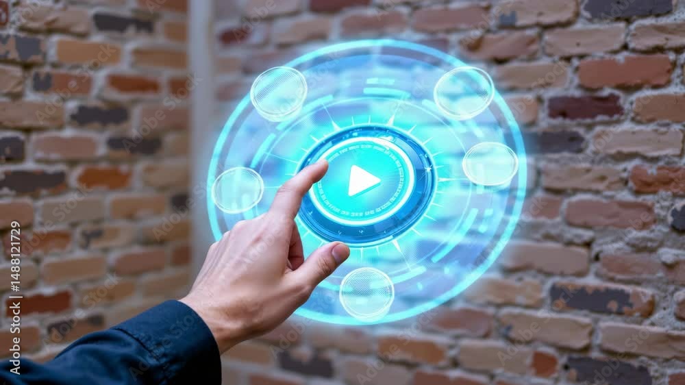 A hand is pressing a futuristic digital play button icon, projected in front of a brick wall background.