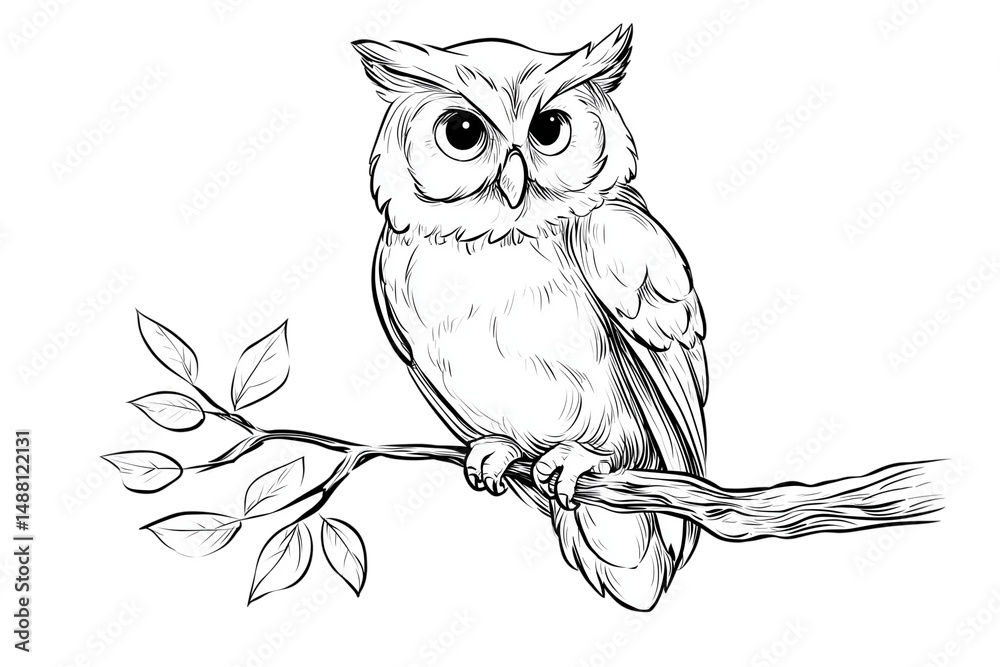 Obraz premium Illustration of an owl perched on a branch, showcasing detailed line art with a Isolated on transparent Background.