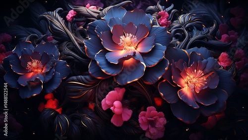 Elegant dark fantasy floral arrangement with glowing petals and artistic abstract leaves