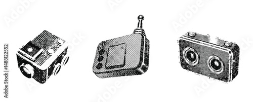 Neo-Tokyo Vibes with retro photocopy stipple effect, for grunge punk y2k collage design. Vector illustration in vintage halftone brutalist design . white background