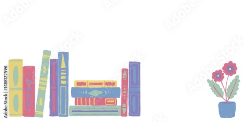 illustration of colorful pile, stack of books and vase on a bookshelf. Read more books concept.