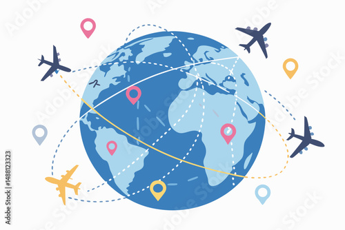 A detailed illustration of a globe encircled by numerous flight paths and airplane icons, showcasing global air travel connectivity.