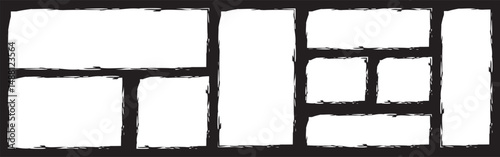White vector rough edge rectangles on black background. Grungy border dialog text boxes. Grunge torned square highlights, overlays collection. Paint brush strokes. Set of grunge jagged rectangle shape