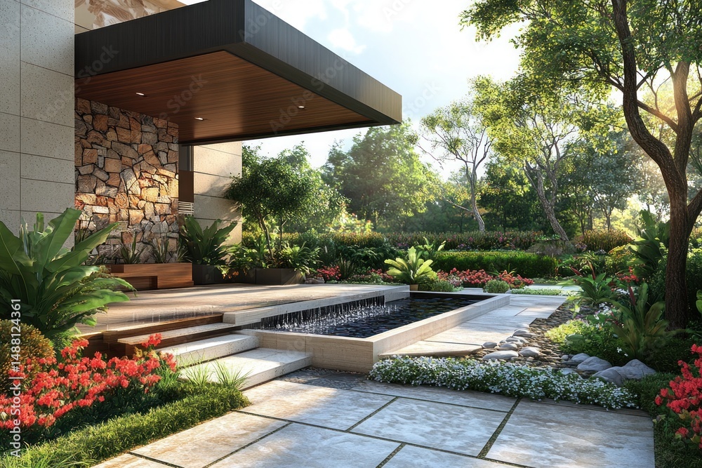 Fototapeta premium Modern home exterior with lush landscaping and a tranquil water feature