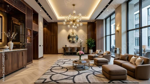 A modern, luxurious living room with stylish furniture, large windows, elegant lighting, and wood accents creating a warm, inviting space.