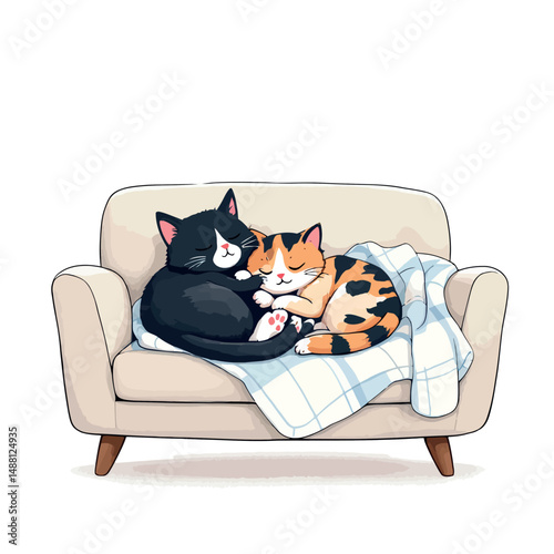 Vsai two cats sleeping together on sofa with blanket