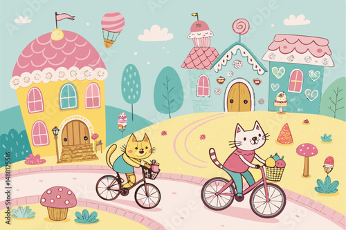 Whimsical illustration Happy cats riding bicycles through a vibrant candy-themed town.  Focus on joyful expressions and colorful details.