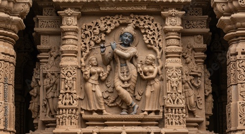 Intricate stone carving depicting a classical dance scene with detailed architectural elements