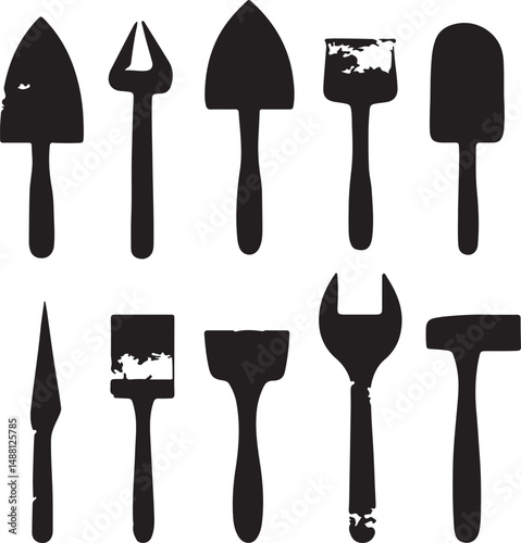 Silhouette Vector Art: Collection of Black & White Gardening Tools & Implements - Spade, Trowel, Hoe, Shovel, Hand Tools for Garden Design