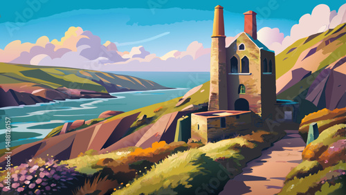 very Beautiful Wheal Coates Tin Mine North Cornwall UK - The abandoned Wheal Coates tin mine, set on the Cornish cliffs amongst heather, near St Agnes Head, North Cornwall, UK on a beautiful summer da