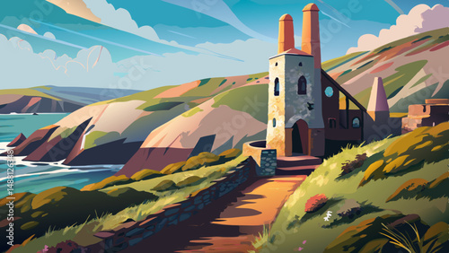 very Beautiful Wheal Coates Tin Mine North Cornwall UK - The abandoned Wheal Coates tin mine, set on the Cornish cliffs amongst heather, near St Agnes Head, North Cornwall, UK on a beautiful summer da