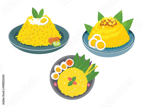 vector illustration of an Indonesian food Nasi Kuning (Yellow Turmeric Rice)