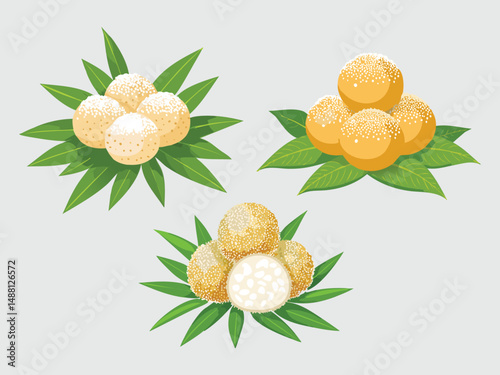 vector illustration of an Indonesian food Onde-Onde (Glutinous Rice Balls Filled with Mung Bean Paste)