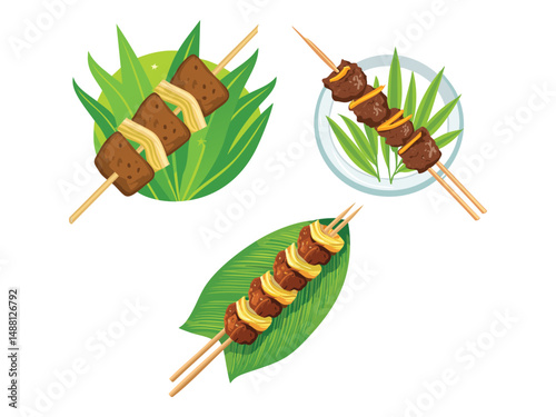 vector illustration of an Indonesian food Sate Kambing (Grilled Goat Skewers)
