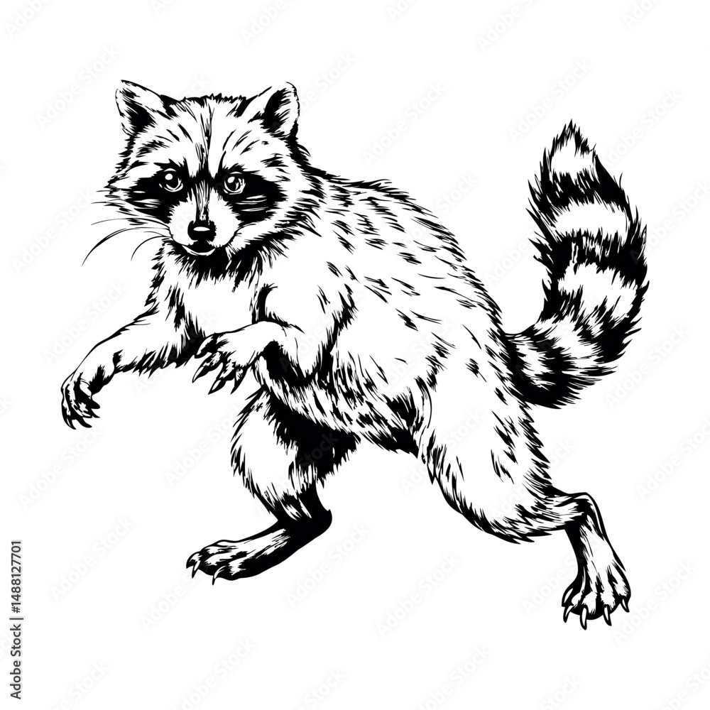 Raccoon walking forward with dynamic posture in engraved vintage style Raccoon walking forward with dynamic posture in engraved vintage style