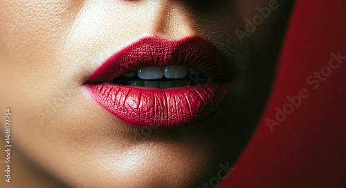 Woman lips with red lipstick close-up