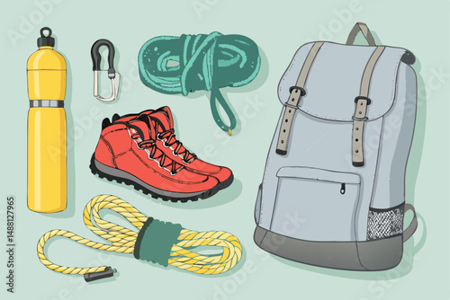 Flatlay showcasing essential hiking gear sturdy boots, coiled rope, and a hydration water bottle, ready for adventure.