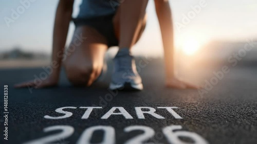 Kneeling figure poised for action, focused on future goals marked by vibrant 2026