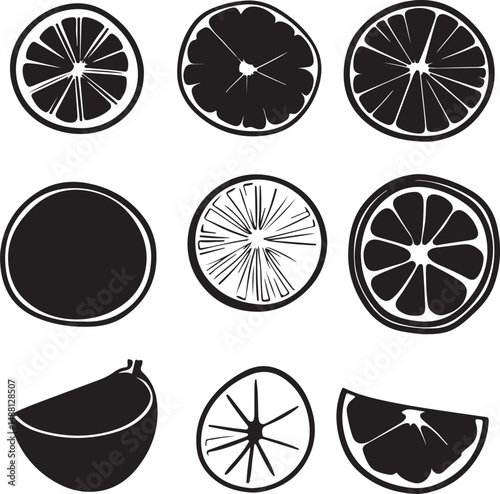 Black and White Citrus Fruit Slices Vector Illustration: Graphic Design Elements of Orange, Lemon, and Grapefruit Fruit Segments Clip Art