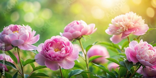 Fototapeta Naklejka Na Ścianę i Meble -  Delicate pink peonies surrounded by lush green foliage, set against a soft focus background, gentle, pastel