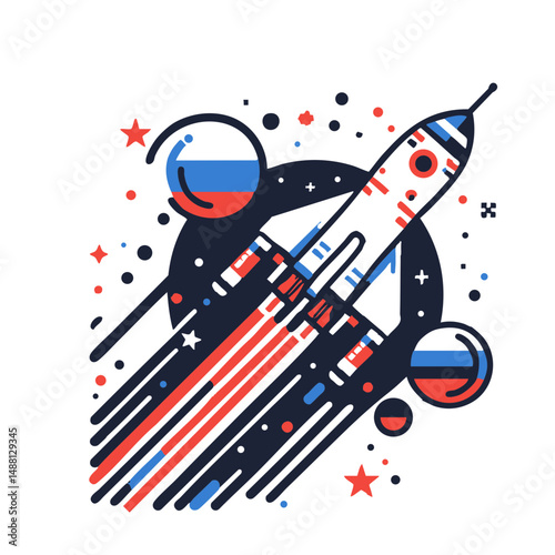 Rocket launching into space with colorful stars and planets  