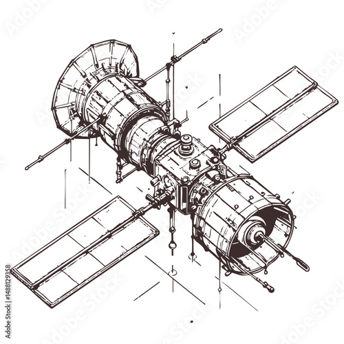 Satellite blueprint illustration in detailed technical style  