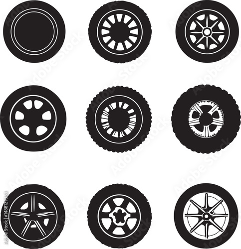 Assortment of Black and White Car and Truck Tires Vector Art: Radial, All-Season, and Off-Road Tire Designs for Automotive and Transportation Graphics