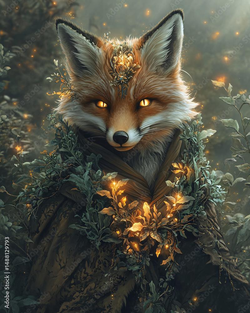 Fototapeta premium Mystical Elf Fox in Iridescent Art Nouveau Robes with Enchanted Floral Light