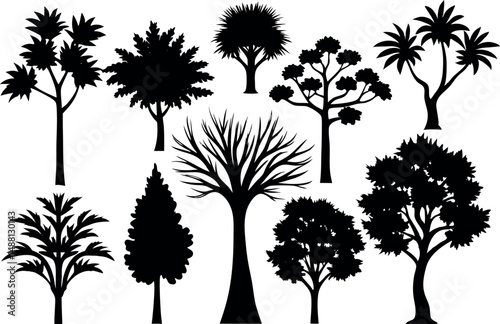 Detailed tree silhouettes of various trees set collection on white background