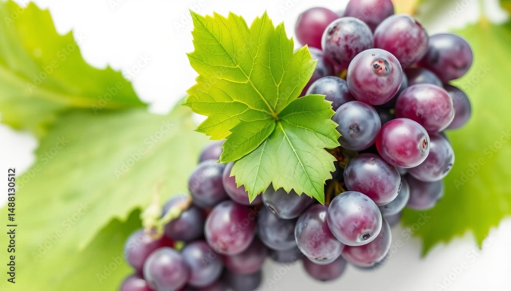 Fototapeta premium A lush bunch of purple grapes with a green stem and leaf, isolated on a clean white background, vector illustration, graphic