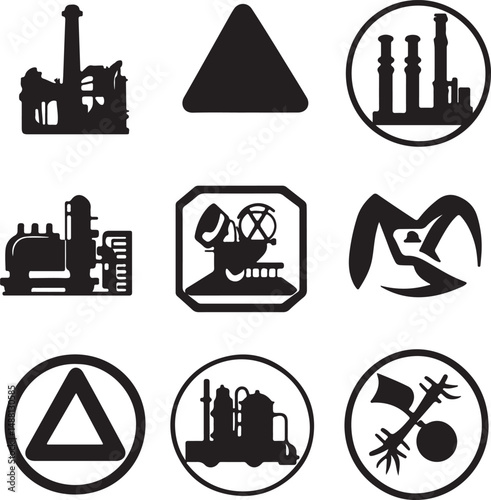 Black and White Vector Icons: Industrial Plant, Triangle Warning Sign, Chemical Factory, Oil Refinery, Satellite Dish, Abstract Design, and More