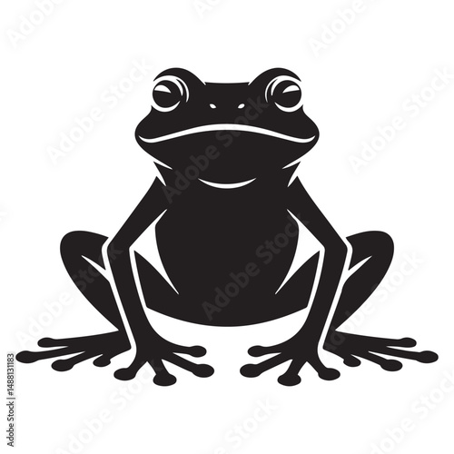 Striking black illustration of a stylized, powerful looking frog design. Vector black silhouette. with white background