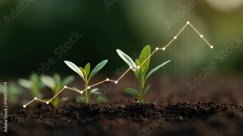 Sprouting plants rise from dark soil, symbolizing growth and potential. Unique light highlights delicate leaves.
