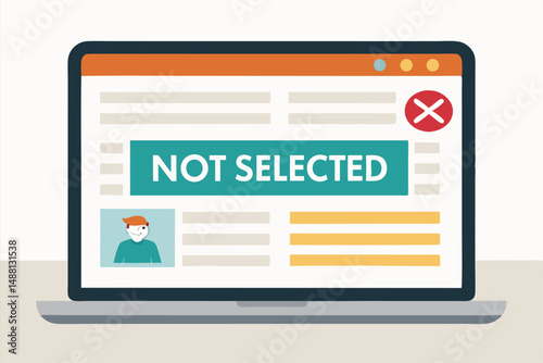 A digital illustration of a job application interface displaying a "Not Selected" notification.  Show the user's disappointment.